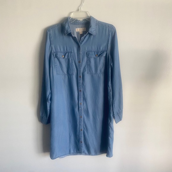 Michael Kors Blue Tencel Button Down Long Sleeve Shirt Dress Size Medium - Picture 1 of 5